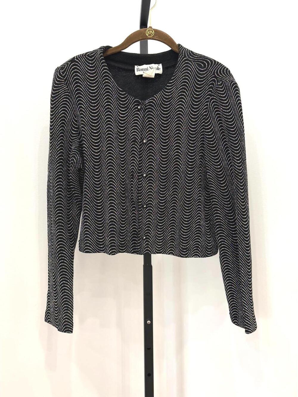 Ronni Nicole Black and Silver Wave Pattern Button-Up Cardigan 12p